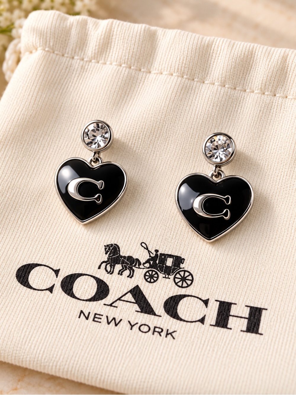 Coach Black Heart Drop Earrings with Crystal Studs